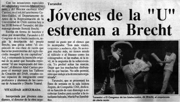 Jóvenes de la "U" estrenan a Brecht  [artículo].
