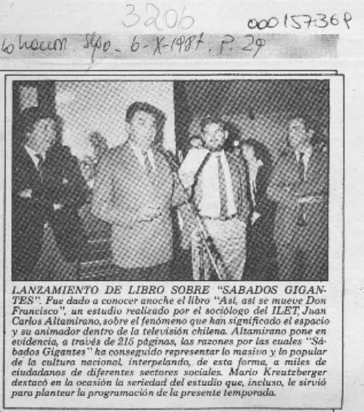 Lanzamiento de libro sobre "Sábados Gigantes"  [artículo].