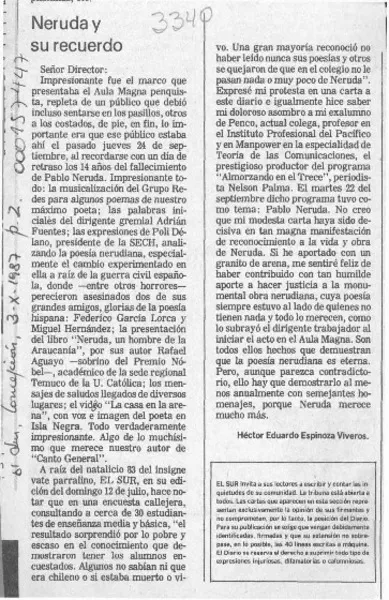 Neruda y su recuerdo  [artículo] Héctor Eduardo Espinoza Viveros.
