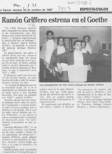 Ramón Griffero estrena en el Goethe  [artículo].