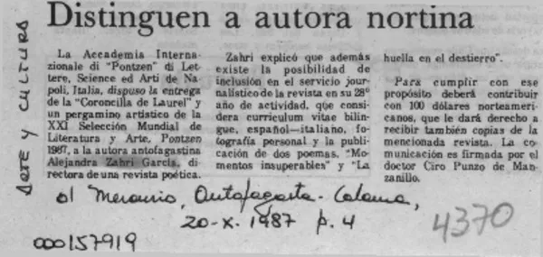 Distinguen a autora nortina  [artículo].