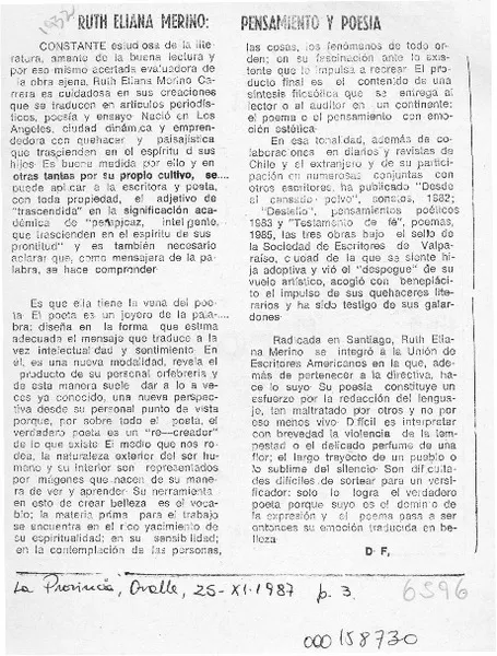 Ruth Eliana Merino, pensamiento y poesía  [artículo] D. F.