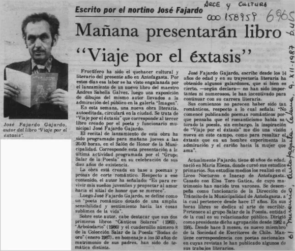 Mañana presentarán libro "Viaje por el éxtasis"  [artículo].