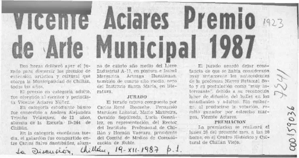Vicente Aciares Premio de Arte Municipal 1987  [artículo].