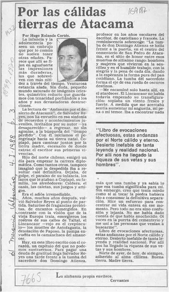 Por las cálidas tierras de Atacama  [artículo] Hugo Rolando Cortés.