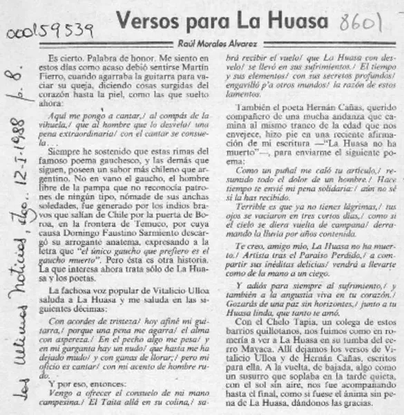 Versos para La Huasa  [artículo] Raúl Morales Alvarez.