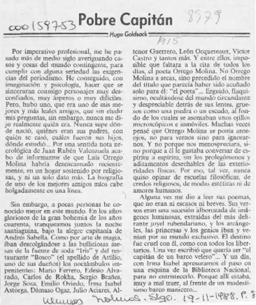 Pobre capitán  [artículo] Hugo Goldsack.