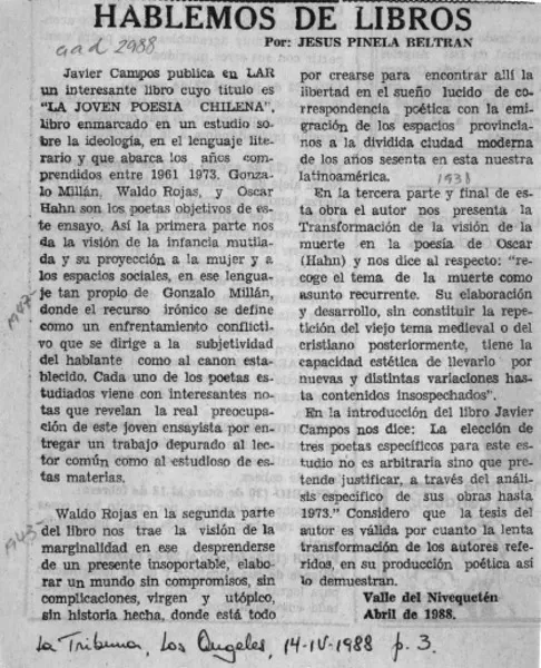 Hablemos de libros  [artículo] Jesús Pinela Beltrán.