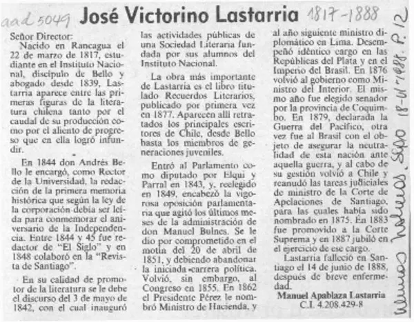 José Victorino Lastarria  [artículo] Manuel Apablaza Lastarria.