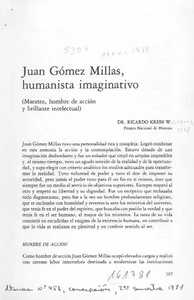 Juan Gómez Millas, humanista imaginativo  [artículo] Ricardo Krebs W.