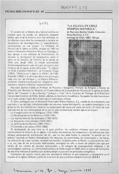 "La Iglesia en Chile, sinopsis histórica"  [artículo] J. C. E.
