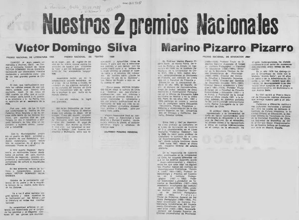 Nuestros 2 Premios Nacionales  [artículo] Alfredo Pizarro Heredia.