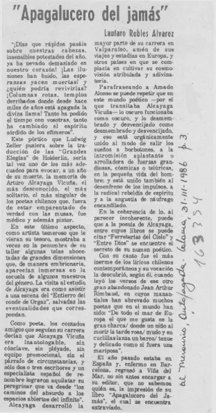 "Apagalucero del jamás", bello título de un libro extraordinario  [artículo] Lautaro Robles.