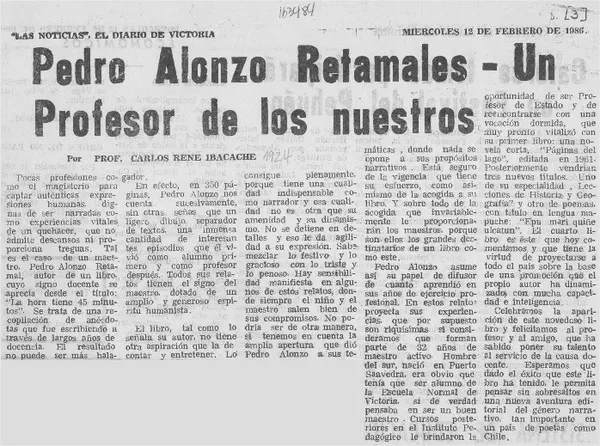 Pedro Alonzo Retamales - Un profesor de los nuestros  [artículo] Carlos René Ibacache.