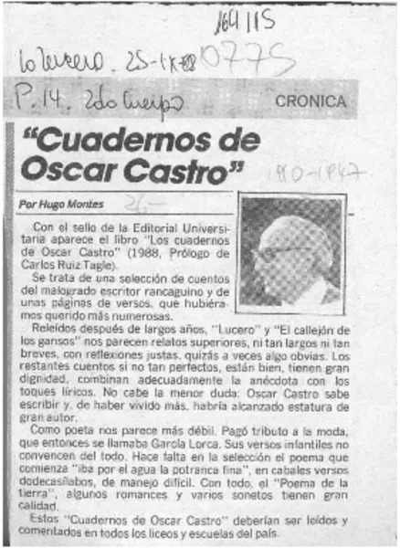 "Cuadernos de Óscar Castro"  [artículo] Hugo Montes.