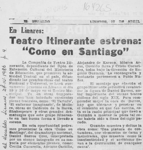 Teatro Itinerante estrena "Como en Santiago"  [artículo].
