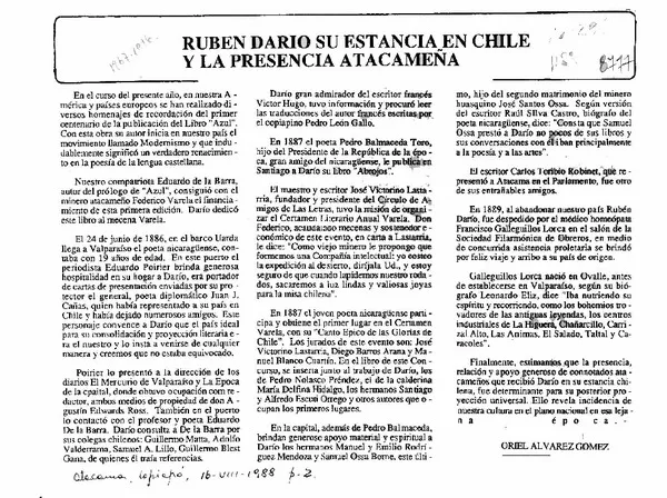 Rubén Darío su estancia en Chile y la presencia atacameña  [artículo] Oriel Alvarez Gómez.