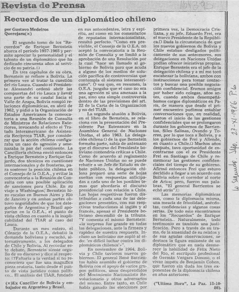 Recuerdos de un diplomático chileno  [artículo] Gustavo Medeiros Querejazu.
