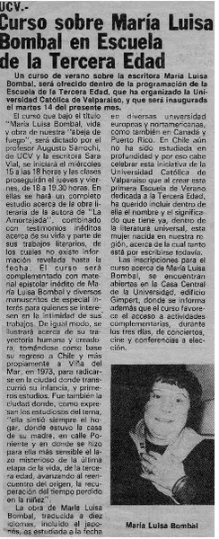 Curso sobre María Luisa Bombal en Escuela de la Tercera Edad  [artículo].