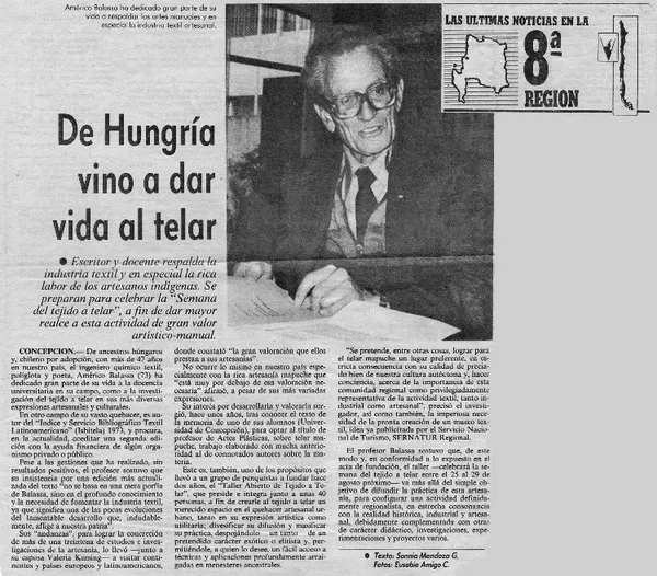 De Hungría vino a dar vida al telar  [artículo] Sonnia Mendoza G.