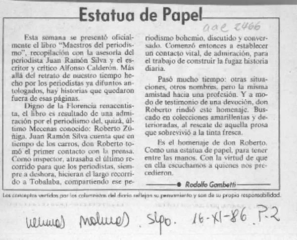 Estatua de papel  [artículo] Rodolfo Gambetti.