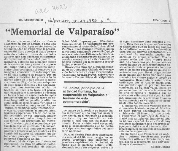 "Memorial de Valparaíso"  [artículo] Gastón Gauché.