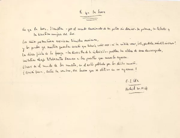 Es ya la hora  [manuscrito] Camilo José Cela.