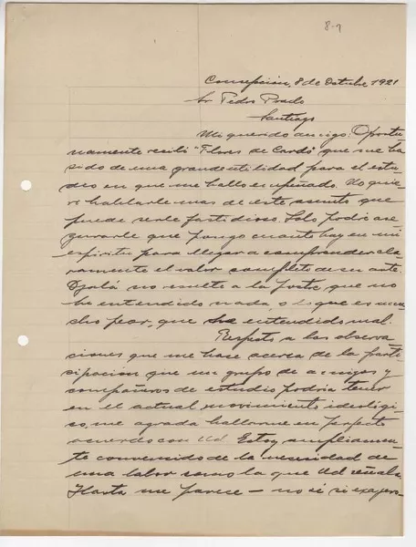 [Carta] 1921 oct. 8, Concepción, Chile [a] Pedro Prado  [manuscrito] Luis David Cruz Ocampo.