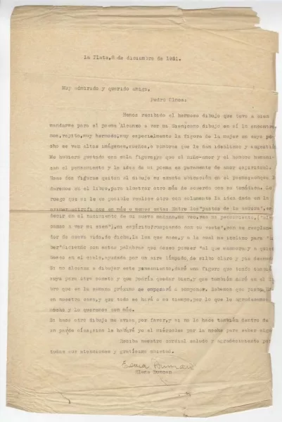 [Carta] 1951 dic. 8, La Plata, Argentina [a] Pedro Olmos  [manuscrito] Elena Duncan.