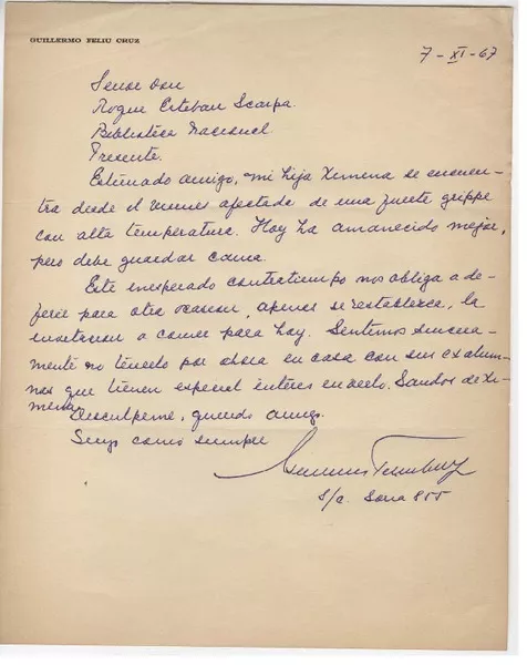 [Carta] 1967 nov. 7, Santiago, Chile [a] Roque Esteban Scarpa  [manuscrito] Guillermo Feliú Cruz.