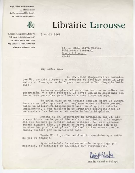 [Carta] 1961 abr. 5, París, Francia [a] Raúl Silva Castro  [manuscrito] Ramón García-Pelayo y Gross.