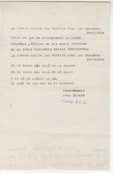[La frente contra los vidrios...]  [manuscrito] Paul Eluard; traducción al español de María Carolina Geel.