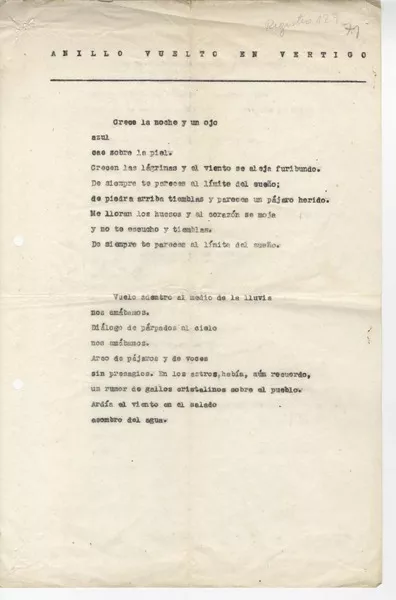 Anillo vuelto en vértigo  [manuscrito] Edmundo Herrera.