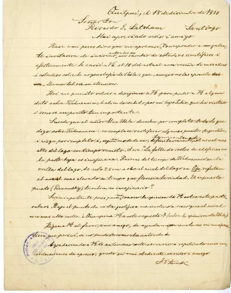 [Carta] 1910 diciembre 18, Quilpué, Chile [a] Ricardo E. Latcham.  [manuscrito] Francisco Tonck.