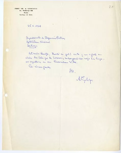 [Carta] 1968 octubre 25, Santiago, Chile [a] Biblioteca Nacional de Chile  [manuscrito] Alejandro Lipschütz.