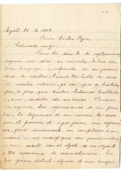 [Carta] 1907 agosto 20, San Felipe, Chile [a] Carlos Pezoa Véliz.  [manuscrito] Emilia López.