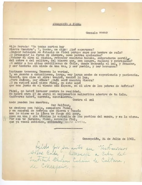 Juramento a Fidel  [manuscrito] Gonzalo Rojas.