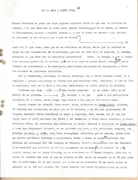 En la cena a punto final  [manuscrito] Miguel Arteche.