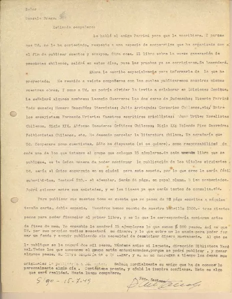 [Carta] 1949 jul. 15, Santiago, Chile [a] Gonzalo Drago  [manuscrito] Francisco Santana.