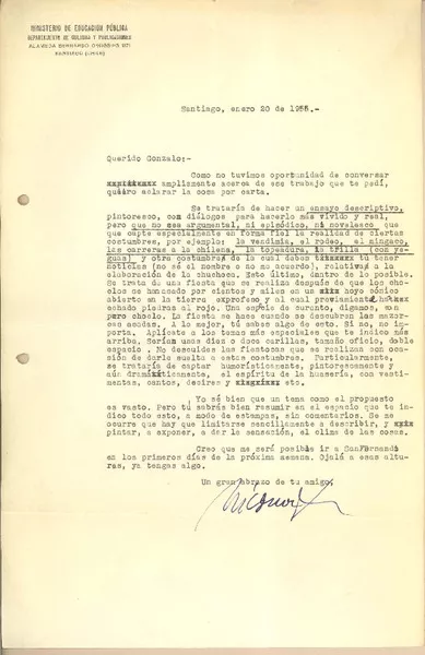 [Carta] 1955 ene. 20, Santiago, Chile [a] Gonzalo Drago  [manuscrito] Nicomedes Guzmán.