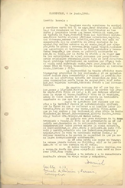 [Carta] 1960 jul. 6, Concepción, Chile [a] Gonzalo Drago  [manuscrito] Daniel Belmar.