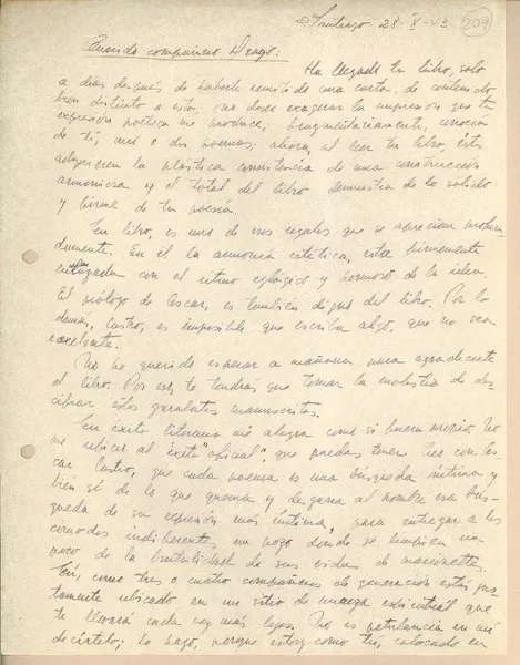 [Carta] 1943 oct. 28, Santiago, Chile [a] Gonzalo Drago  [manuscrito] Julio Moncada.