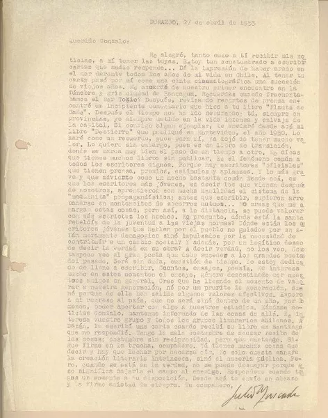 [Carta] 1955 abr. 27, Durazno, Uruguay [a] Gonzalo Drago  [manuscrito] Julio Moncada.