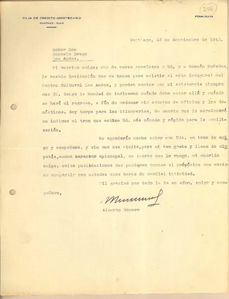 [Carta] 1943 sep. 23, Santiago, Chile [a] Gonzalo Drago  [manuscrito] Alberto Romero.