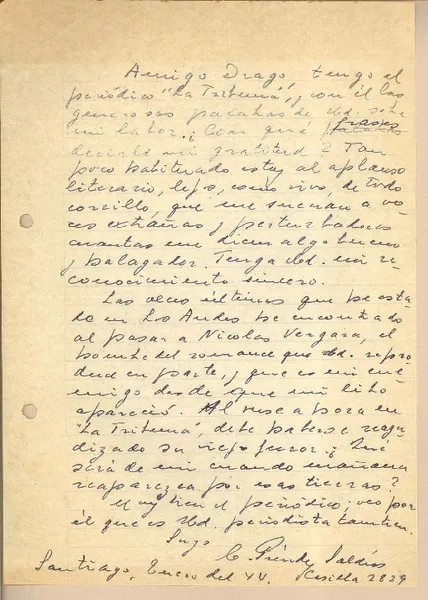 [Carta] 1944 enero, Santiago, Chile [a] Gonzalo Drago  [manuscrito] Carlos Préndez Saldías.