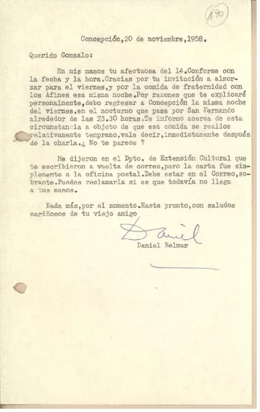 [Carta] 1958 nov. 20, Concepción, Chile [a] Gonzalo Drago  [manuscrito] Daniel Belmar.