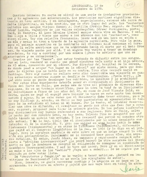 [Carta] 1978 sep. 12. Antofagasta, Chile [a] Gonzalo Drago  [manuscrito] Mario Bahamonde.