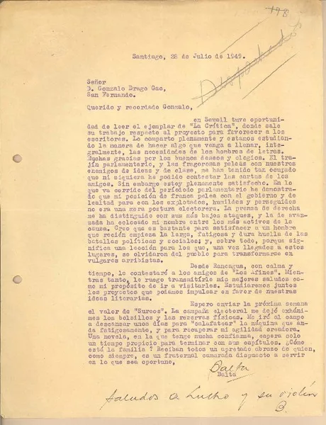 [Carta] 1949 jul. 28, Santiago, Chile [a] Gonzalo Drago  [manuscrito] Baltazar Castro.