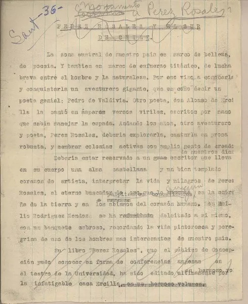 Monumento a Pérez Rosales  [manuscrito] Fernando Santiván.
