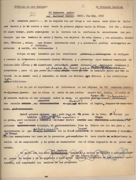 Mi camarada padre de Baltazar Castro  [manuscrito] Fernando Santiván.